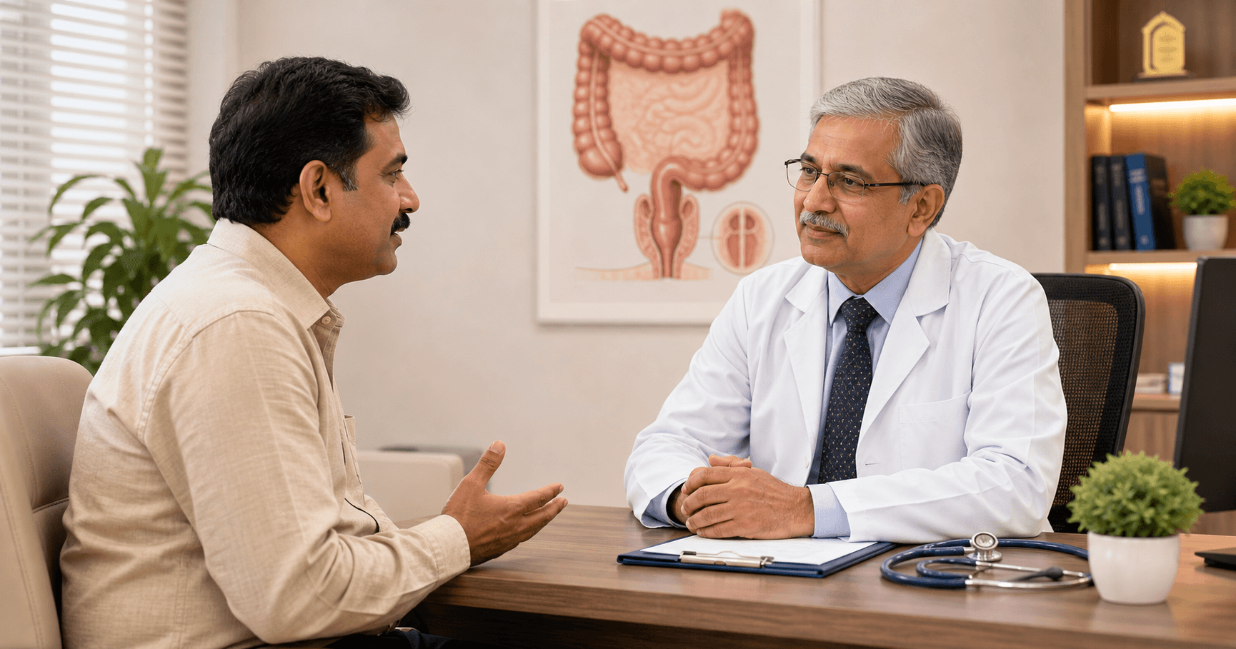 Patient discussing anal fistula symptoms after an abscess with a surgeon in Bhopal