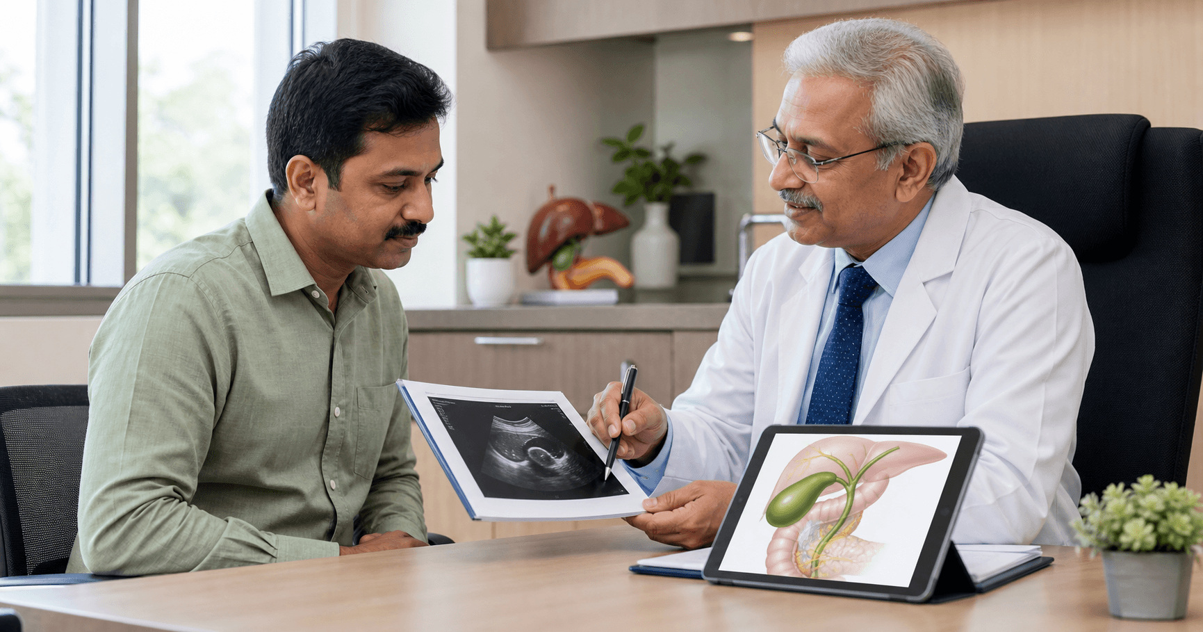 Patient and surgeon reviewing gallstone size on an abdominal ultrasound in Bhopal