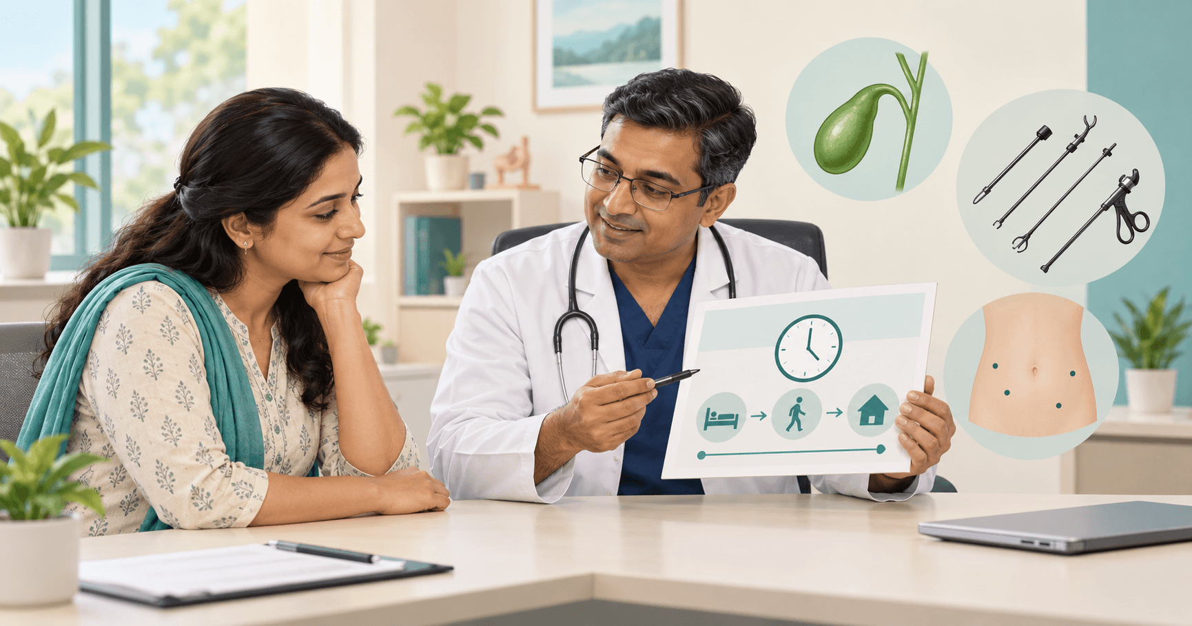 Patient and surgeon reviewing a gallbladder surgery day timeline in Bhopal