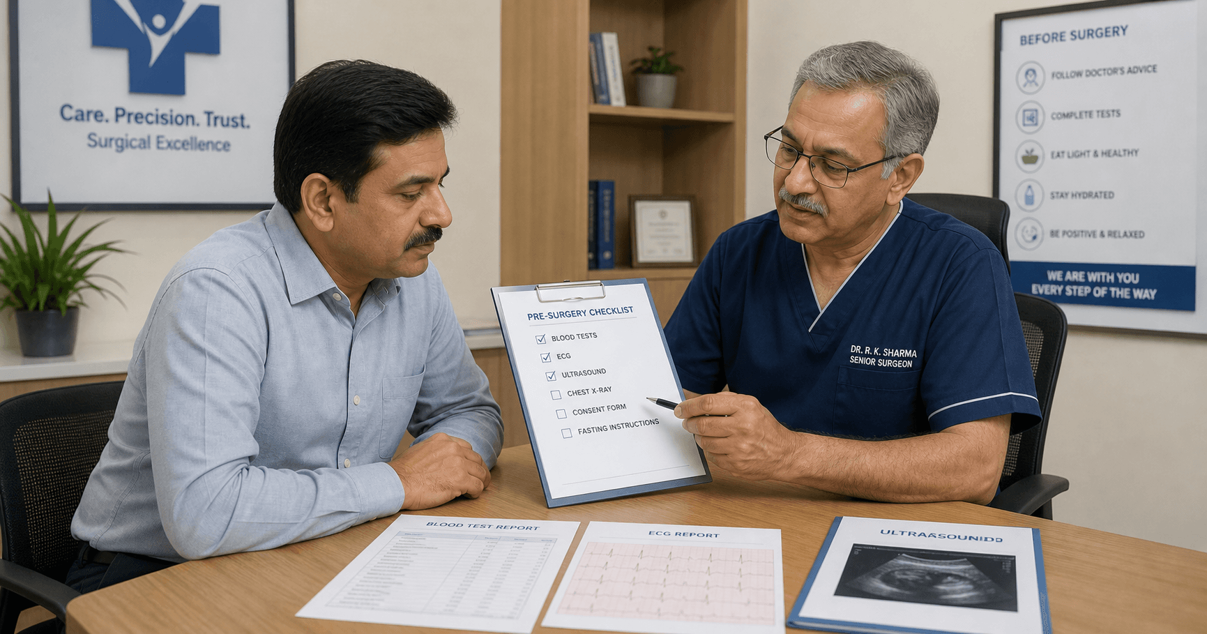 Patient reviewing pre-surgery test reports and anesthesia fitness checklist with a surgeon in Bhopal