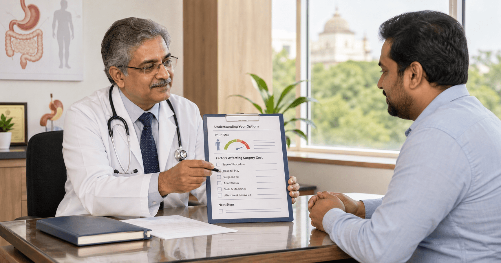 Surgeon explaining bariatric surgery cost factors and eligibility to a patient in Bhopal
