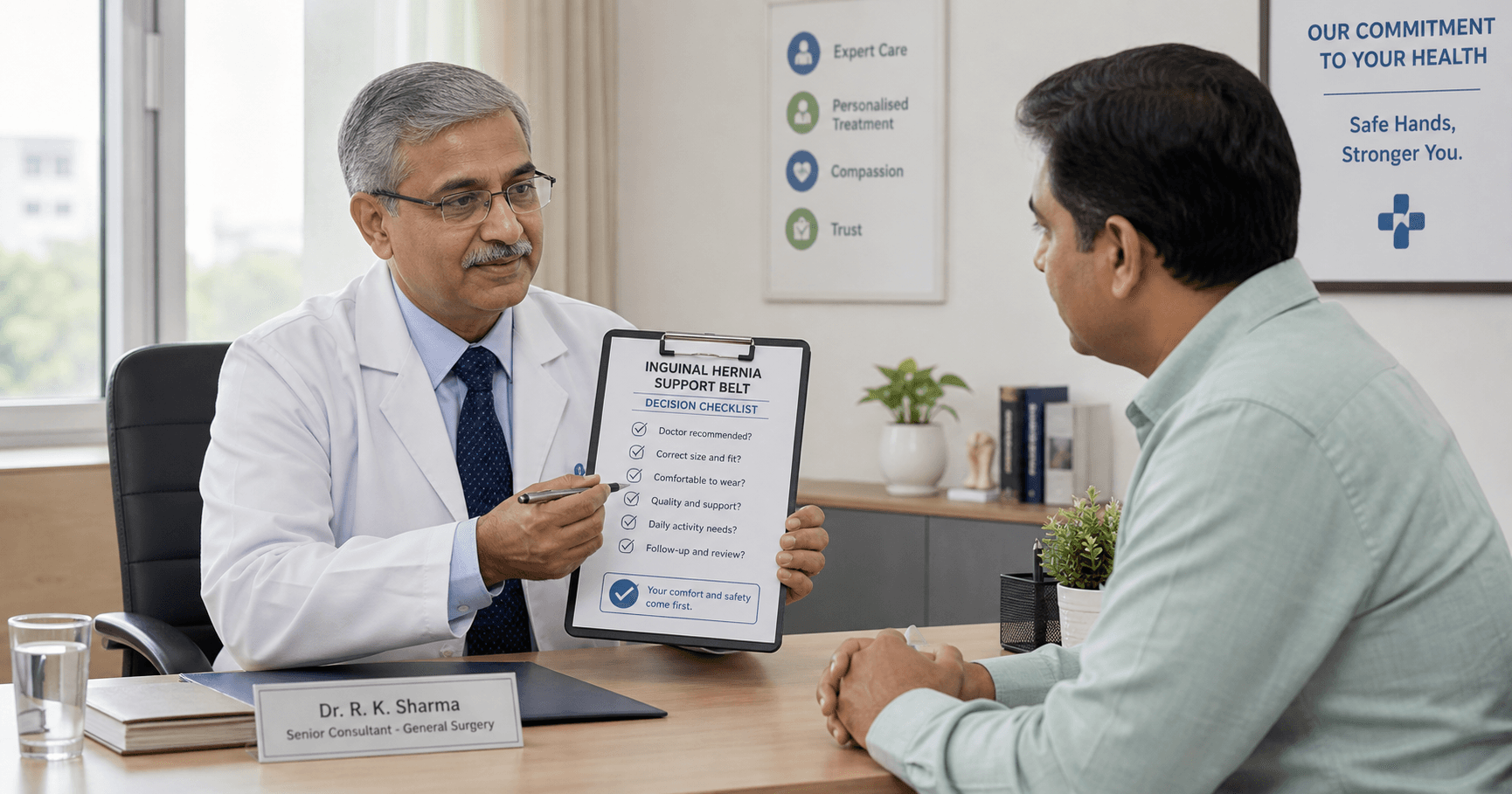 Surgeon explaining hernia belt and inguinal hernia warning signs to a patient in Bhopal