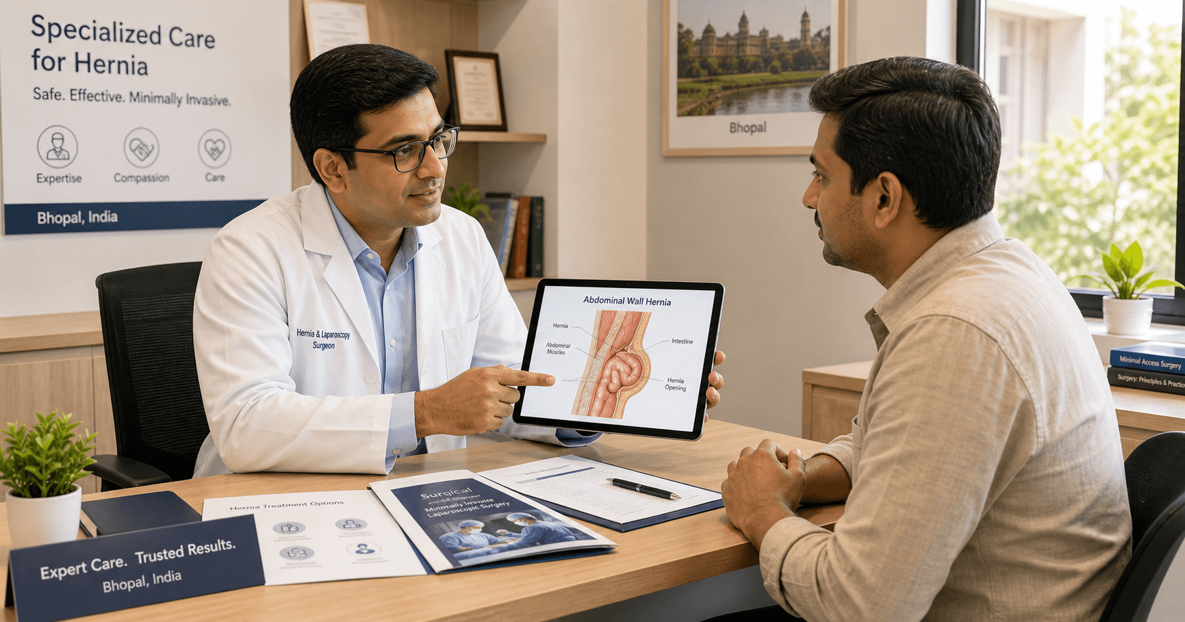Surgeon explaining hernia surgery cost factors and repair options to a patient in Bhopal