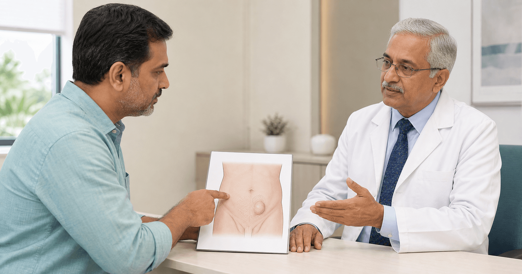Surgeon explaining recurrent hernia review after previous hernia surgery in Bhopal