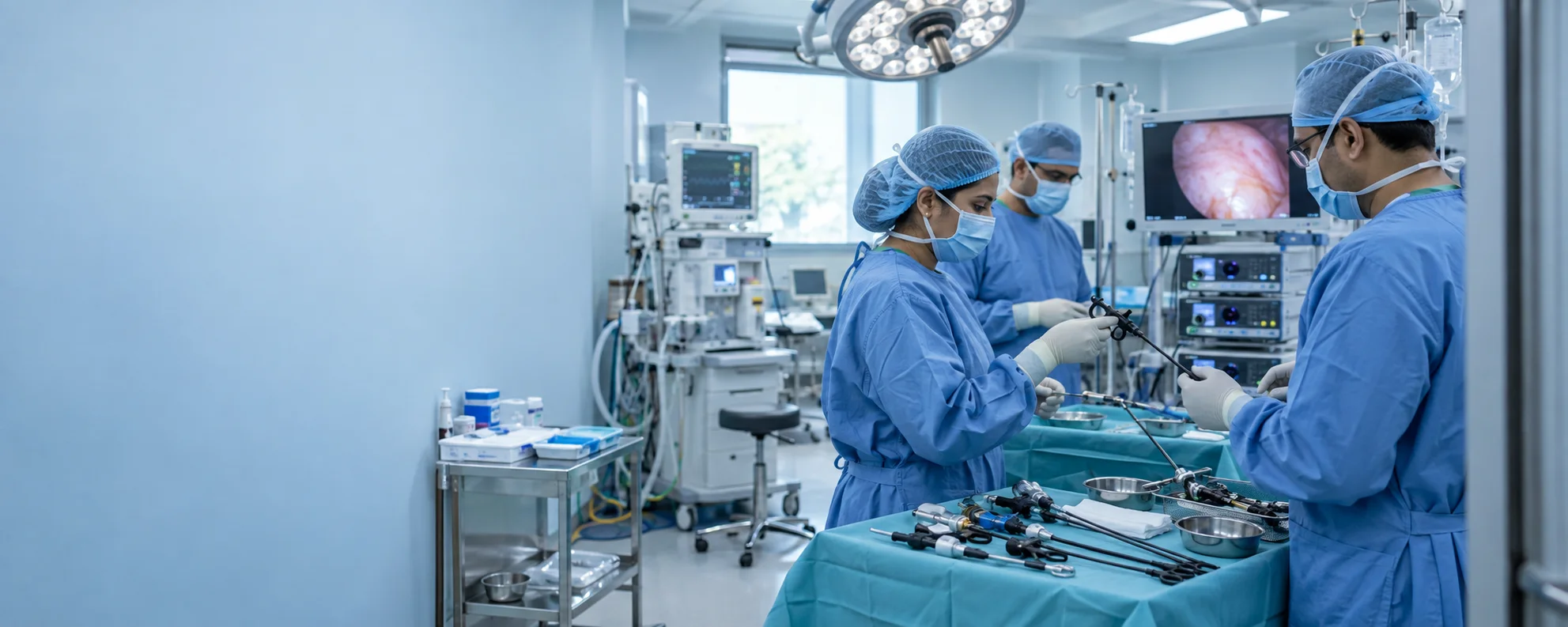 Illustrative laparoscopic care scene with a surgical team